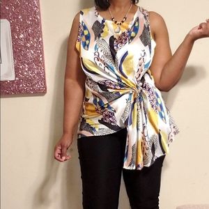 Fashion Printed Side Drape Sleeveless Top Blouse